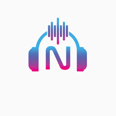 Letter N Headphone Logo Design Vector Icon Graphic Illustration Music Disco DJ Wave sound
