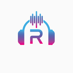 Letter R Headphone Logo Design Vector Icon Graphic Illustration Music Disco DJ Wave sound