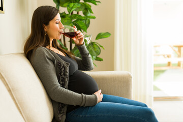Profile of a pregnant woman drinking wine and relaxing at home