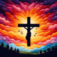 Felt art patchwork, Cross of Jesus Christ on sunset sky background. Christian religion concept