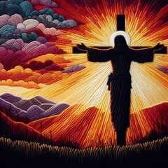 Felt art patchwork, Cross of Jesus Christ on sunset sky background. Christian religion concept