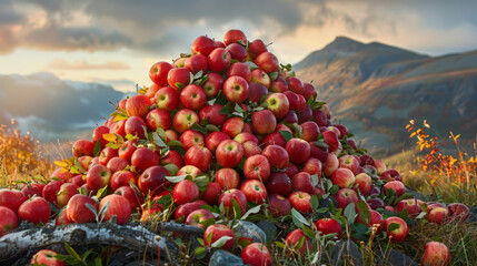 A huge mountain of apples, norwegian mountains in the background - obrazy, fototapety, plakaty