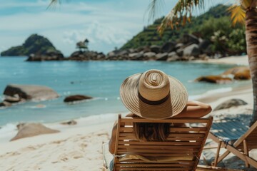 Photo of Woman relaxing on beach chair at the sea in the style of vacation concept Generative AI