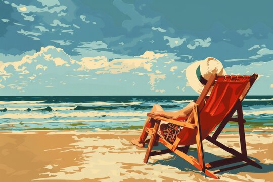 beach scene depicting a vacation banner showing a woman lying in a sun lounger and looking to the sea Generative AI
