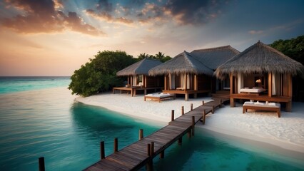 Obraz premium Sumptuous beachfront retreat on the idyllic shores of the Maldives, boasting unparalleled views of turquoise waters and overwater bungalows with direct access to the Ocean