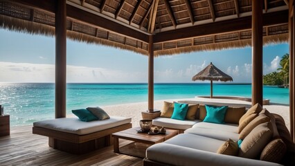 Obraz premium Sumptuous beachfront retreat on the idyllic shores of the Maldives, boasting unparalleled views of turquoise waters and overwater bungalows with direct access to the Ocean