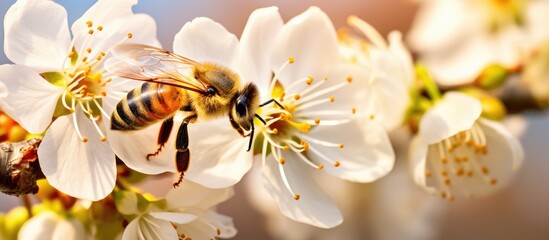 A honeybee, a type of insect and pollinator, is perched on a white blossom, extracting nectar from the flowers petals as it pollinates the plant - obrazy, fototapety, plakaty