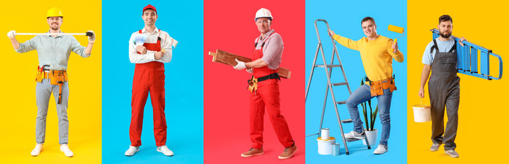 Set of male builders on color background