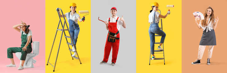 Collage of builders on color background