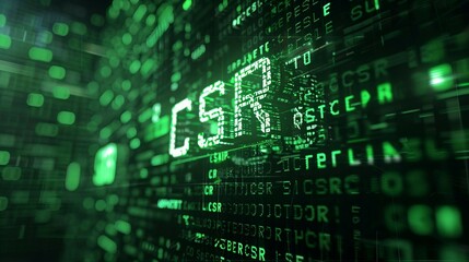 Digital green matrix binary code forms the letters CSR, symbolizing the concept of Corporate Social Responsibility.

