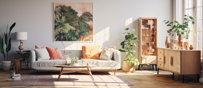 A cozy living room in a building with a couch, coffee table, cabinet, and a painting on the wall. The space features wood flooring, a houseplant, and a view of a tree outside