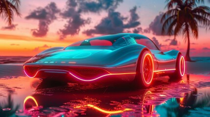 Red luxury sports supercar, muscle car, against the background of palm trees and sunset, luxury brand car of new design - obrazy, fototapety, plakaty