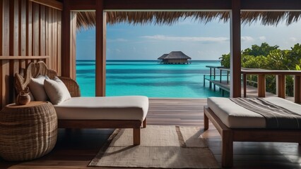 Naklejka premium Sumptuous beachfront retreat on the idyllic shores of the Maldives, boasting unparalleled views of turquoise waters and overwater bungalows with direct access to the Ocean