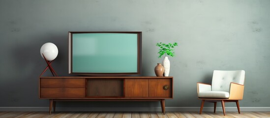 Vintage TV on wooden cabinet in stylish living room interior