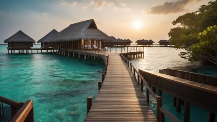 Sumptuous beachfront retreat on the idyllic shores of the Maldives, boasting unparalleled views of turquoise waters and overwater bungalows with direct access to the Ocean