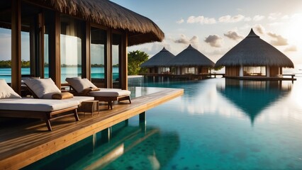 Fototapeta premium Sumptuous beachfront retreat on the idyllic shores of the Maldives, boasting unparalleled views of turquoise waters and overwater bungalows with direct access to the Ocean