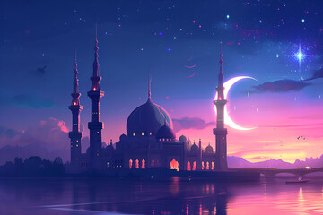 islamic background with mosque , eid moubarak , ramadan moubarak , eid fitr , eid adha 