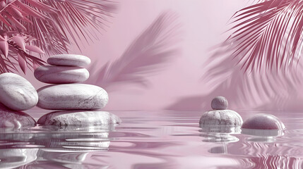 Serenity in Pink: Zen Stones with Reflective Water and Palm Shadows