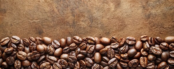 Aroma-rich roasted coffee beans neatly lined along the top on a textured rustic backdrop, providing ample copy space