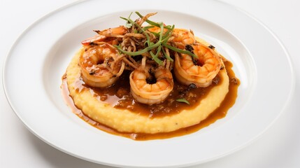Obraz na płótnie Canvas Picture featuring FLORIDA ROCK SHRIMP alongside WILD HIVE POLENTA and RED EYE GRAVY arranged on a white round plate against a white background, photographed from above