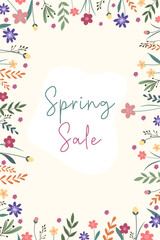 Cute hand drawn spring sale brochure. Poster template with discount promotion and special offer with abstract daisy, tulips, herbs, leaves on twigs and branches. Vector illustration banner concept