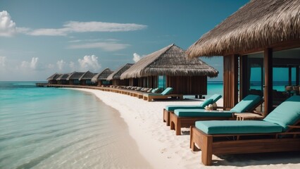 Fototapeta premium Sumptuous beachfront retreat on the idyllic shores of the Maldives, boasting unparalleled views of turquoise waters and overwater bungalows with direct access to the Ocean