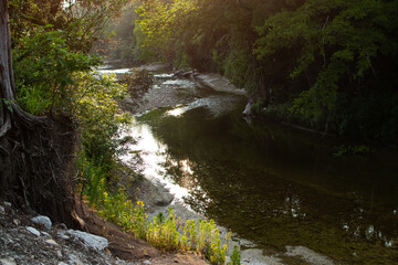 An evening view of a creek reflecting the sunset on the water. 