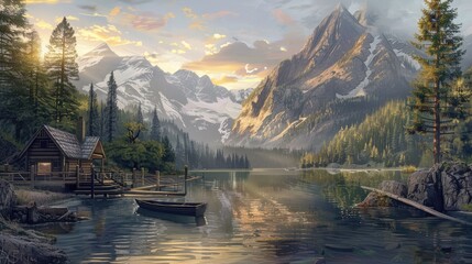 Nature wallpaper. scenic painting featuring a serene mountain lake, boat, and dock