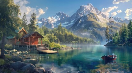 Nature wallpaper. scenic painting featuring a serene mountain lake, boat, and dock - obrazy, fototapety, plakaty