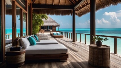 Obraz premium Sumptuous beachfront retreat on the idyllic shores of the Maldives, boasting unparalleled views of turquoise waters and overwater bungalows with direct access to the Ocean