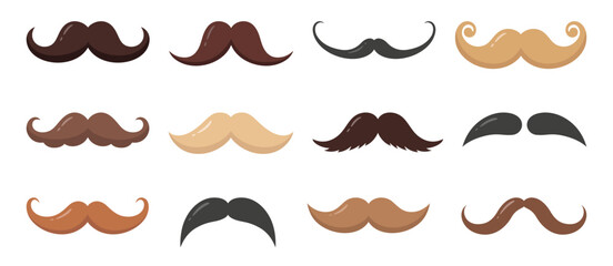 Moustache set in different colors. Hipster, gentleman or barbershop symbols and retro elements. Vintage collection of men's moustaches. Vector illustration on white background.