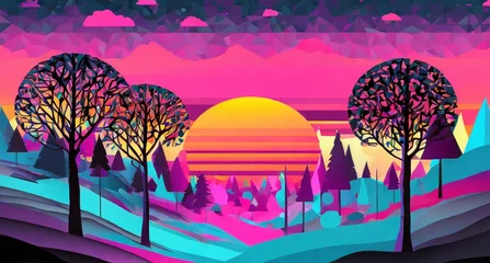 Foto op Plexiglas Sunset mountain illustration featuring a beautiful lake, trees and mountain scape in pink and orange gradients. © riccardo