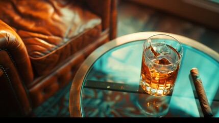 A whiskey glass, cigar on a glass table; luxurious men's club background with copy space 