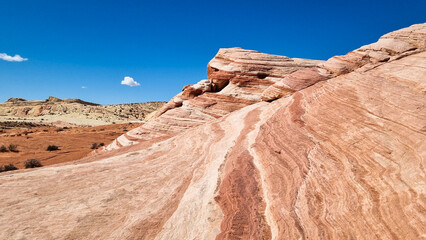 Fototapeta na wymiar Stripy colorful rock formations at Valley of Fire state park, Nevada, USA