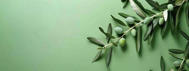 Fresh Green Olives Hanging From Branches on a Vibrant Green Background