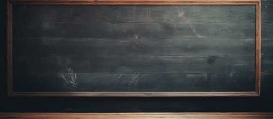 A rectangular blackboard with a wooden frame is displayed in a dark room, resembling a piece of art. The hardwood frame contrasts with the empty glass surface