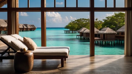 Fototapeta premium Sumptuous beachfront retreat on the idyllic shores of the Maldives, boasting unparalleled views of turquoise waters and overwater bungalows with direct access to the Ocean