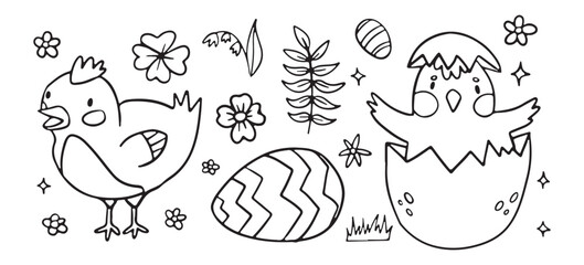 A charming line art illustration of Easter chicks, patterned eggs, and spring flowers, perfect for children’s coloring activities and holiday decorations