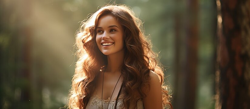 A woman with layered long hair is standing in the woods, smiling happily. She is surrounded by grass and trees, creating a peaceful and serene event