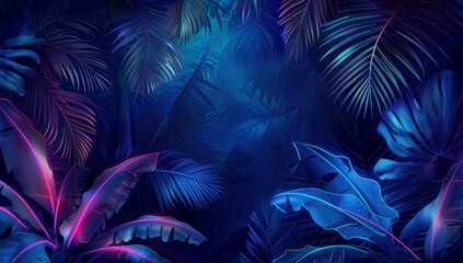 Dark jungle with neon lines and palm leaves night scene for tropical party background Generative AI