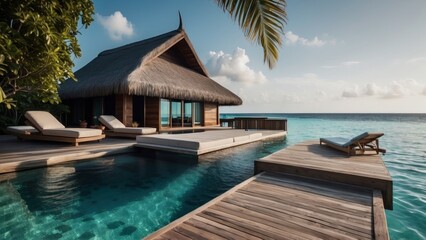 Sumptuous beachfront retreat on the idyllic shores of the Maldives, boasting unparalleled views of turquoise waters and overwater bungalows with direct access to the Ocean