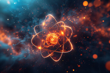 Atomic nuclear model, nanostructured core. The nucleus of an atom surrounded by electrons. Futuristic physics concept. Nanotechnology in science