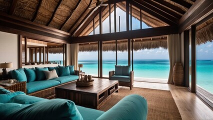 Fototapeta premium Sumptuous beachfront retreat on the idyllic shores of the Maldives, boasting unparalleled views of turquoise waters and overwater bungalows with direct access to the Ocean