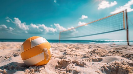 beach volleyball. a volleyball ball on a beach with a volleyball net in the background. beach...