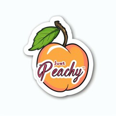 Obraz premium Vibrant sticker of a fresh and juicy peach with a playful 'Just Peachy' phrase.
