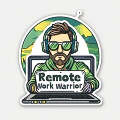 A vibrant sticker portraying a telecommuter with headphones, embodying the spirit of the modern remote workforce.