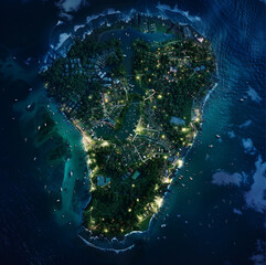 A night view of a tropical-tourist island stretches before you, all visible in a panoramic view. In the center of the island is a small crack from which a mysterious white light is emitted