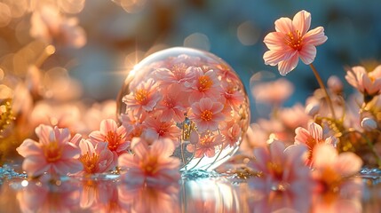 A transparent sphere reflecting pink cosmos flowers surrounded by a field of the same flowers bathed in warm sunlight