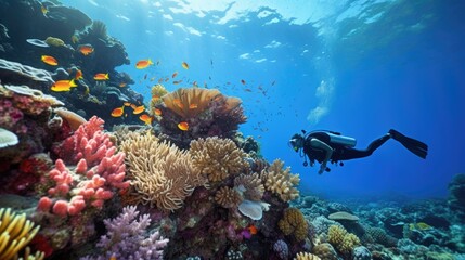 male scuba diver, swimming underwater, under tropical sea clear blue, Colorful coral reef, underwater and  the seabed, snorkeling amongst many exotic fish