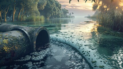 dirty water pollution. Industrial and factory wastewater discharge pipe into the canal and sea, Sewage pipe outfall into the river, the river is polluted. Environmental concept - obrazy, fototapety, plakaty